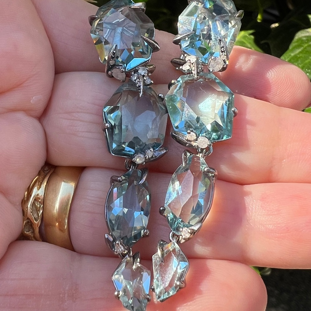 ALEXIS BITTAR FINE BLUE QUARTZ GRAY DIAMONDS LONG DROP DANGLE EARRINGS STATEMENT - Picture 16 of 16